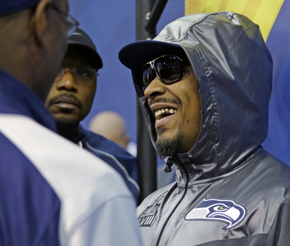 Seattle Seahawks' Marshawn Lynch smiles during media day for the NFL Super Bowl XLVIII football game Tuesday, Jan. 28, 2014, in Newark, N.J. (AP Photo/Matt Slocum)