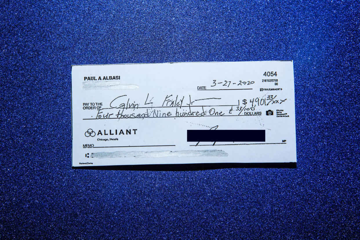 Image: Paul Albasi's check totaling $4,901.33 that was stolen and altered after being dropped off at a U.S. Postal Service mailbox in Jersey City, N.J. (Calla Kessler / for NBC News)