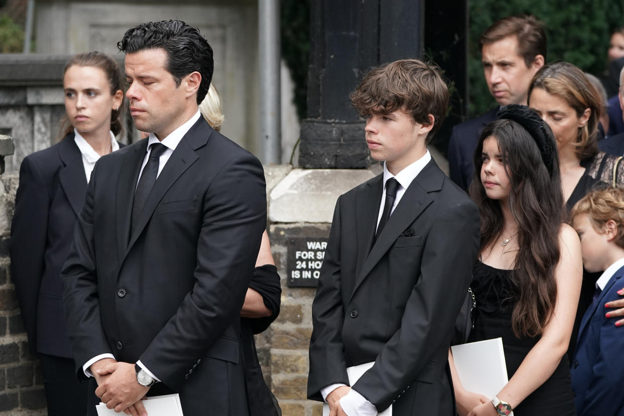 The family of Dame Deborah James, (left to right) husband Sebastien Bowen, son Hugo Bowen, and daughter Eloise Bowen, leaving her funeral service at St Mary's Church in Barnes, west London. Picture date: Wednesday July 20, 2022. (Photo by Aaron Chown/PA Images via Getty Images)