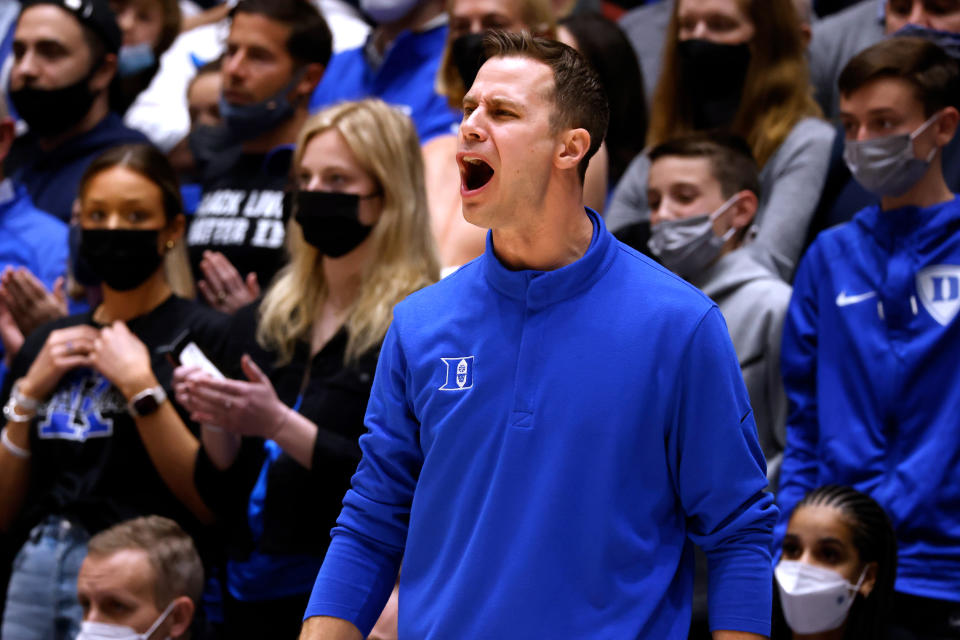 DURHAM, NC - FEBRUARY 15: Associate head coach Jon Scheyer of the Duke Blue Devils directs his team in the second half against the Wake Forest Demon Deacons at Cameron Indoor Stadium on February 15, 2022 in Durham, North Carolina. Head coach Mike Krzyzewski of the Duke Blue Devils did not return to the game in the second half. (Photo by Lance King/Getty Images)