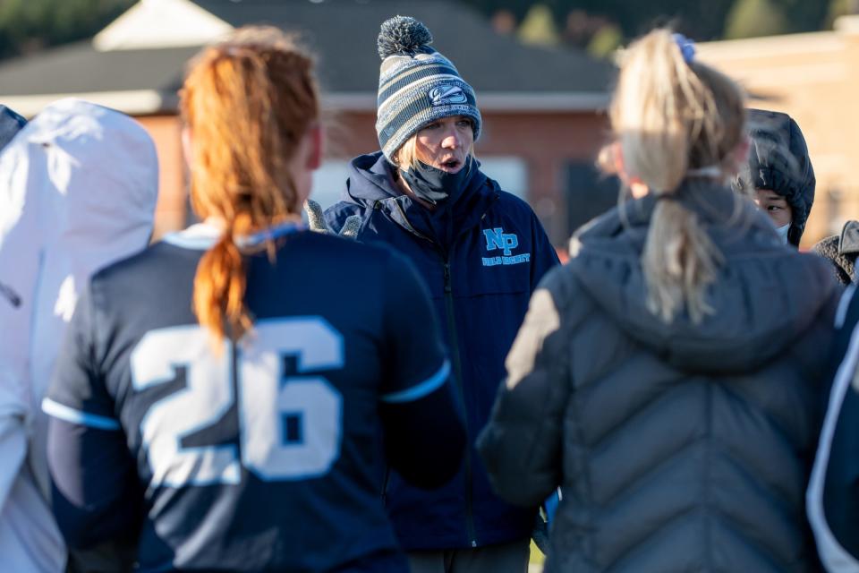 North Penn head coach Shannon McCracken talks to her players between quarters during a District One Class 3A playoff game against Central Bucks East on Monday, November 2, 2020. CB East won, 2-1.