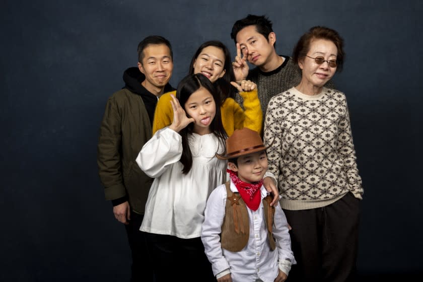 PARK CITY, UTAH - JANUARY 27: Director Lee Isaac Chung, Han Ye-ri (in yellow), Noel Cho, Alan Kim (cowboy), Steven Yeun and Yuh-Jung Youn of "Minari," photographed in the L.A. Times Studio at the Sundance Film Festival on Monday, Jan. 27, 2020 in Park City, Utah. (Jay L. Clendenin / Los Angeles Times)