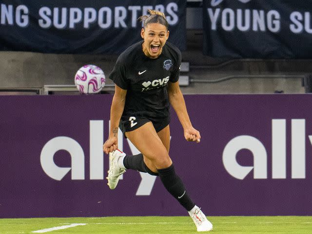 <p>Brad Smith/ISI Photos/Getty</p> Trinity Rodman, #2 of the Washington Spirit, celebrates her goal during a game between Racing Louisville FC and Washington Spirit at Audi Field on June 3, 2023