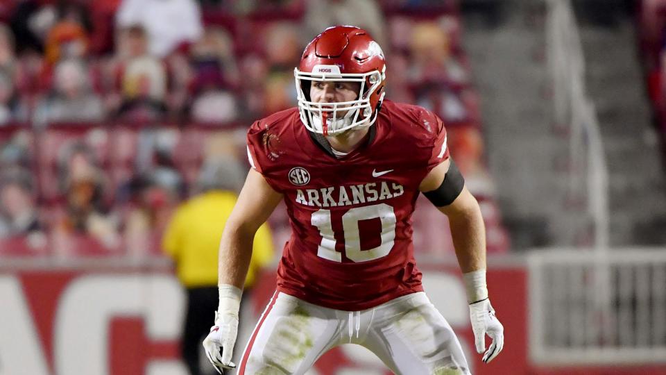 Arkansas defender Bumper Pool against Tennessee during an NCAA football game on Saturday, Nov. 7, 2020 in Fayetteville, Ark.