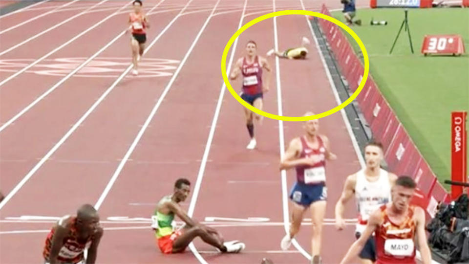 Patrick Tiernan, pictured here collapsing in the 10,000m final.