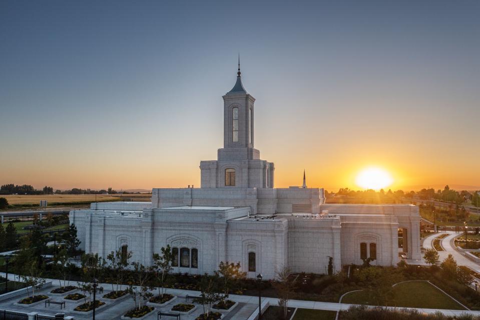 The Moses Lake Washington Temple basks in the late afternoon sunlight in Moses Lake, Washington, Friday, Sept. 15, 2023.