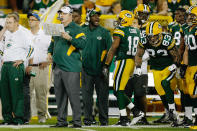 GREEN BAY, WI - SEPTEMBER 8: Mike McCarthy of the Green Bay Packers looks on as he stands on the sidelines during the game against the New Orleans Saints at Lambeau Field on September 8, 2011 in Green Bay, Wisconsin. The Saints defeated the Packers 42-34. (Photo by Scott Boehm/Getty Images)