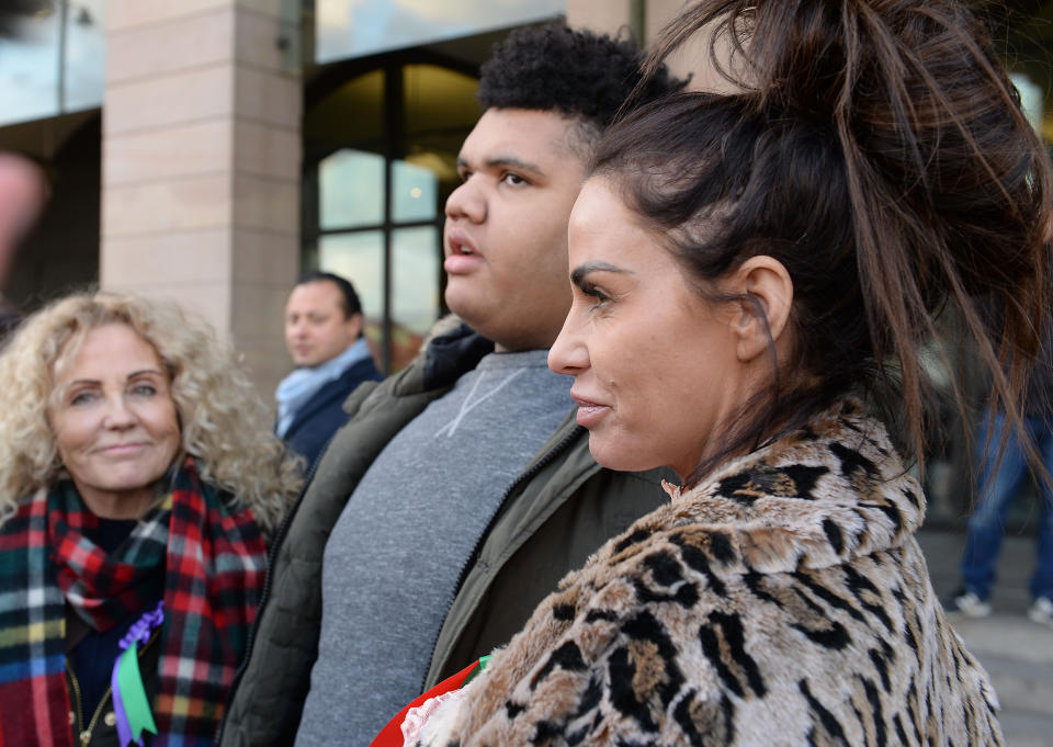 Katie Price with her son Harvey leaves Portcullis House in London after giving evidence to the Commons Petitions Committee where she called for online abuse to be made a specific offence. (Photo by Nick Ansell/PA Images via Getty Images)