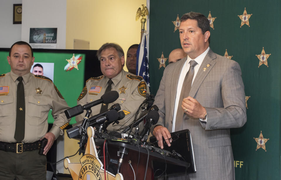 Webb County District Attorney Isidro Alaniz responds to questions about the killings related to Juan David Ortiz on Monday, Sept. 17, 2018 at the Webb County Sheriff's office. (Danny Zaragoza/The Laredo Morning Times via AP)