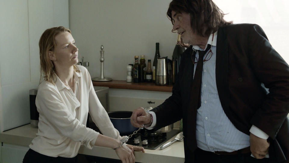 This image released by Sony Pictures Classics shows Sandra Huller as Ines, left, and and Peter Simonischek as Winfried in a scene from the Komplizen Film, "Toni Erdmann." The film is nominated for an Oscar for best foreign language film. The 89th Academy Awards will take place on Feb. 26, 2017. (Sony Pictures Classics via AP)