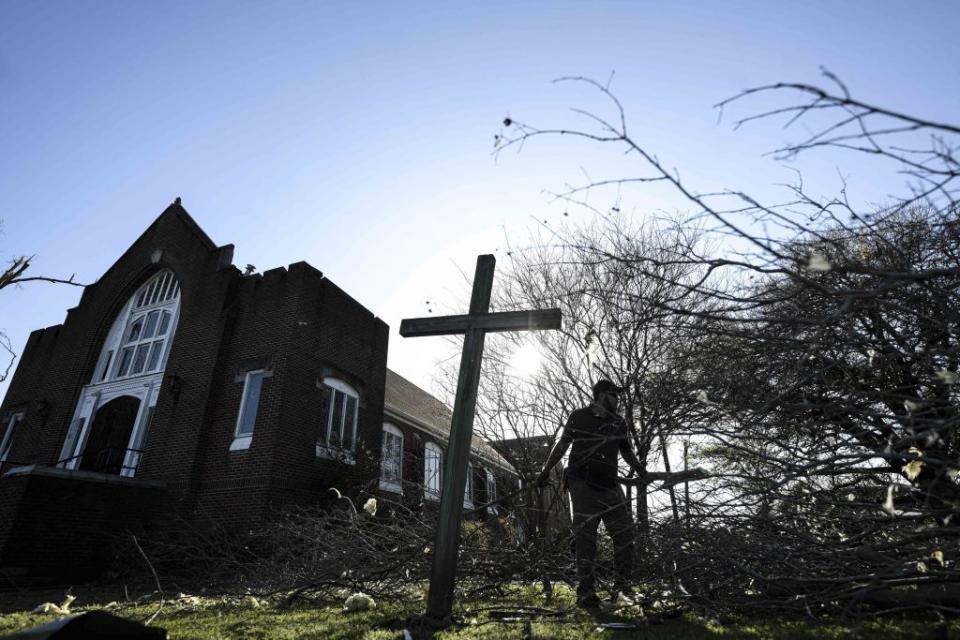 A view of damage at a church after a tornado tore through Mississippi.