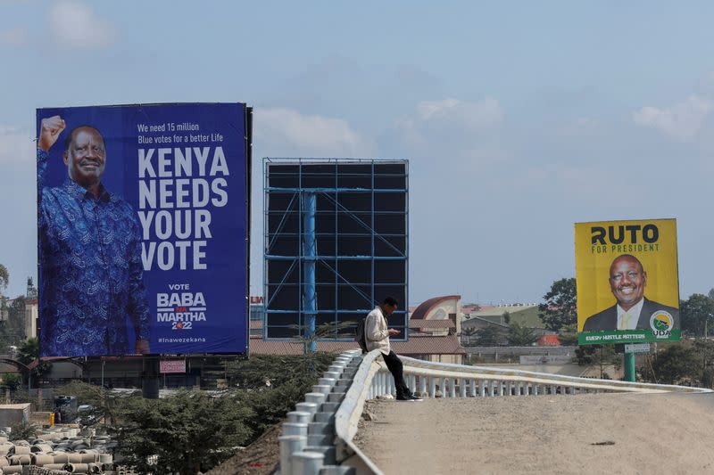 FILE PHOTO: Election banners of Kenya's opposition leader and presidential candidate Raila Odinga and Kenya's Deputy President William Ruto, are seen in Nairobi