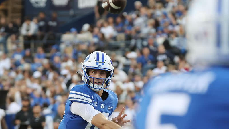 BYU quarterback Kedon Slovis throws a touchdown pass against the Texas Tech Red Raiders in Provo on Saturday, Oct. 21, 2023. Slovis is now preparing for the upcoming NFL combine in Indianapolis later this month.