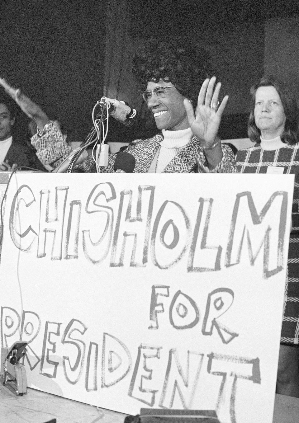 FILE - In this Feb. 15, 1972, file photo, Rep. Shirley Chisholm, D-NY, addresses about 400 people in the gymnasium of the Cambridge Community Center, Cambridge, Mass., as she opened her campaign for the U.S. presidency. In a history-making campaign, Chisholm became the first black major-party presidential candidate, competing in 12 state primaries and winning 28 delegates. (AP Photo/Bill Chaplis, File)