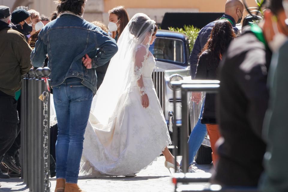 Lady Gaga plays Maurizio Gucci's former wife Patrizia Reggiani during the shooting of a movie by Ridley Scott, based on the story of the murder of Maurizio Gucci in 1995, in Rome, Thursday, April 8, 2021. (AP Photo/Andrew Medichini)