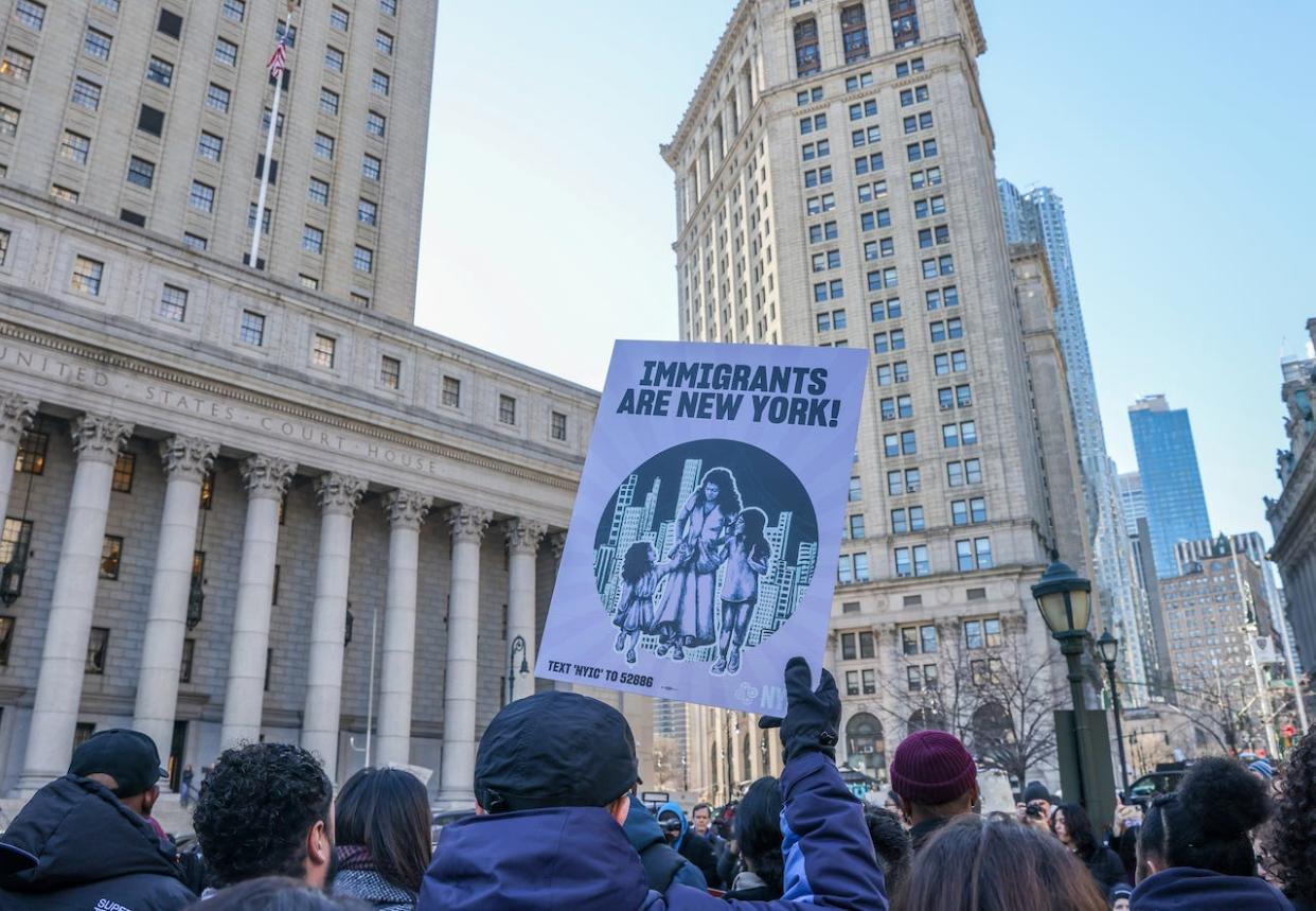Elected leaders and immigrant advocates of New York City gather in Foley Square to call on New York City Mayor Eric Adams to stop 60-day shelter limit for asylum-seeking families who face eviction from shelters.