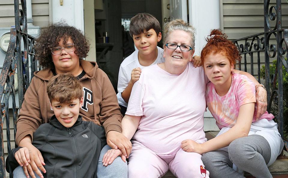 Sheila White of Quincy, center, cares for six grandchildren. Pictured are Kamdyn, 9; Kaiden, 13; Berlin, 7; and Briell, 11, on Thursday May 11, 2023.