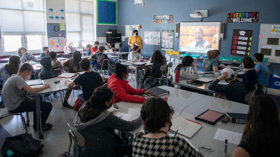 Social studies teacher Jessica Caso teaches her 7th graders about African history at McDougle Middle School in Chapel Hill, N.C. on Friday, Feb. 18, 2022. 