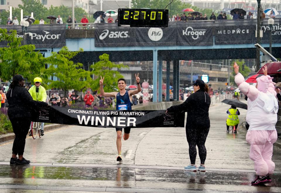 Jason Salyer, from Tipp City, is the men’s Cincinnati Flying Pig Marathon winner, Sunday, May 7, 2023.