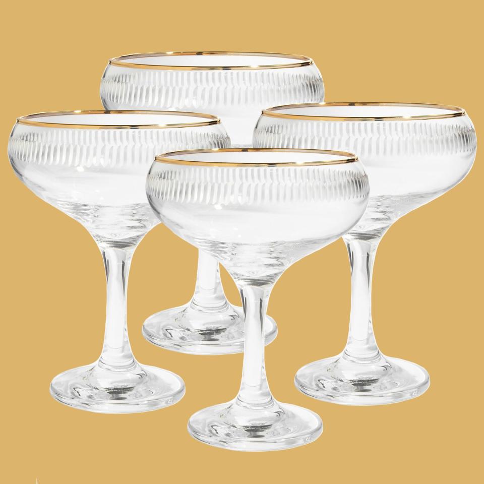 Pottery Barn Etched Gold Rim Coupe Glasses
