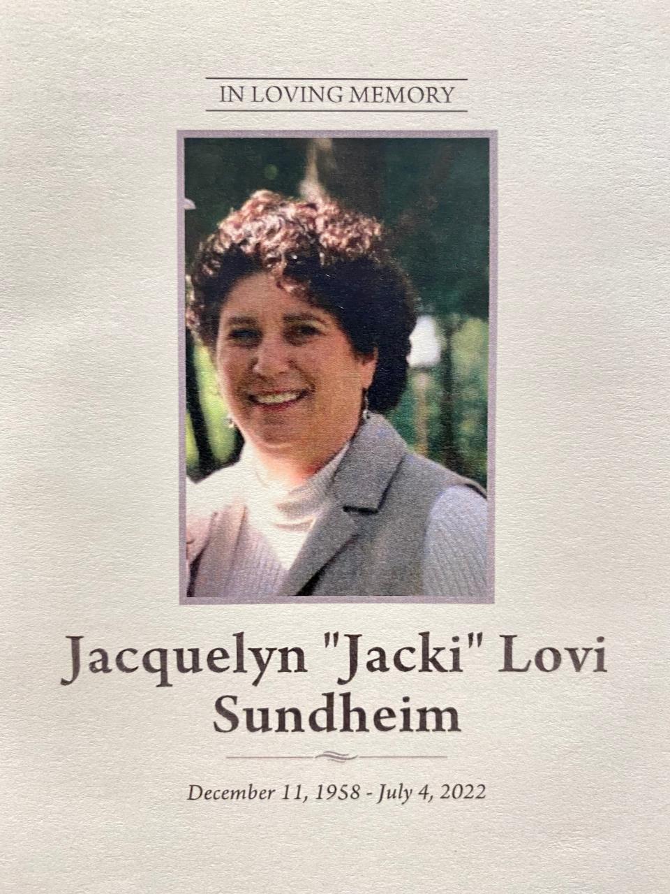 A program for Jacquelyn “Jacki” Lovi Sundheim at North Shore Congregation Israel in Glencoe, Illinois, on July 8, 2022.