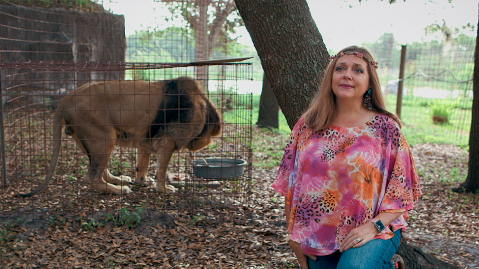 Carole Baskin y un león en una jaula