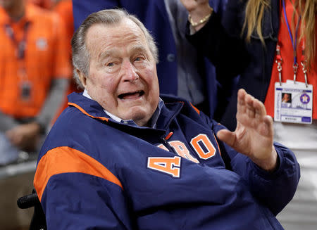 Oct 29, 2017; Houston, TX, USA; President George H.W. Bush on the field before game five of the 2017 World Series between the Los Angeles Dodgers and the Houston Astros at Minute Maid Park. Mandatory Credit: David J. Phillip/Pool Photo via USA TODAY Sports/File Photo