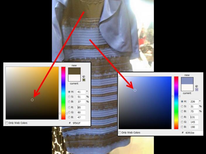 Blue and black or gold and white dress with color swatches