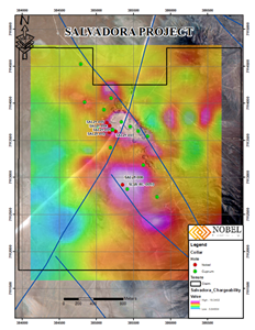 Chargeability map of a portion of La Salvadora showing SLVA-RC-0010 on the southern magnetic-Chargeability anomaly.  The series of white historical RC drill holes show the distribution of near-surface copper oxide mineralization.