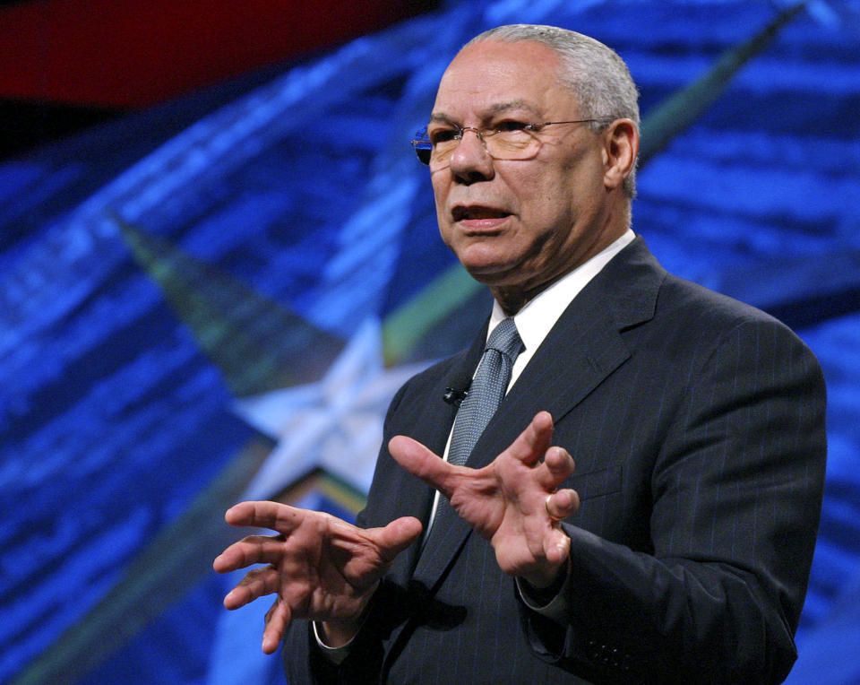 FILE - In this May 5, 2006 file photo, former Secretary of State Colin Powell gives the closing keynote at the World Congress of Information Technology in Austin, Texas. Powell, former Joint Chiefs chairman and secretary of state, has died from COVID-19 complications. In an announcement on social media Monday, the family said Powell had been fully vaccinated. He was 84. (AP Photo/Jack Plunkett)