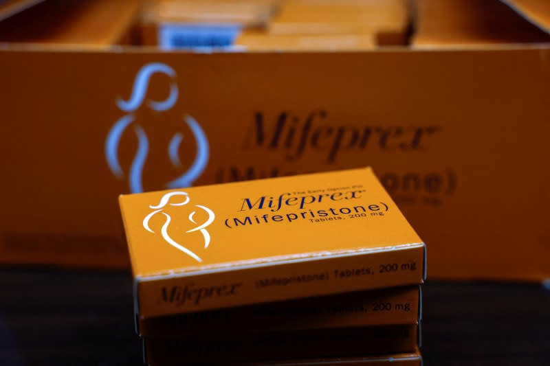 FILE PHOTO: Boxes of Mifepristone, the first pill in a medical abortion, are seen at Alamo Women's Clinic in Carbondale, Illinois