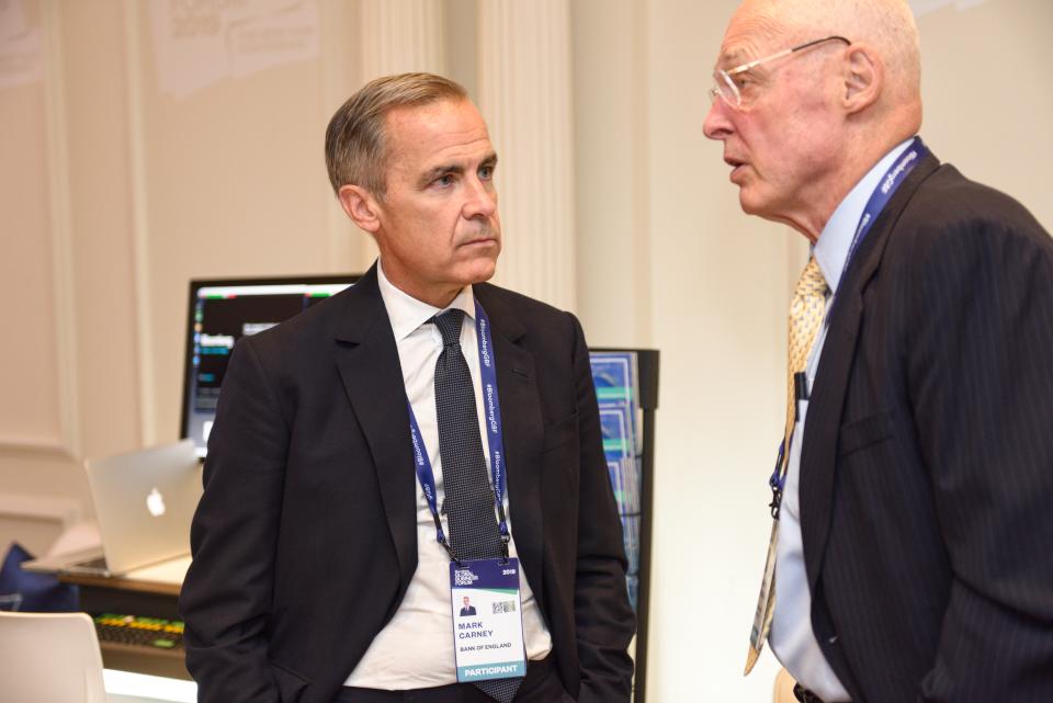 Mark Carney, Governor of Bank of England, and Henry M. Paulson, Jr., Chairman of the Paulson Institute and Former Secretary of the Treasury, at the 3rd annual Bloomberg Global Business Forum in New York City on September 25, 2019 at The Plaza Hotel. (Source: Bloomberg Philanthropies) 