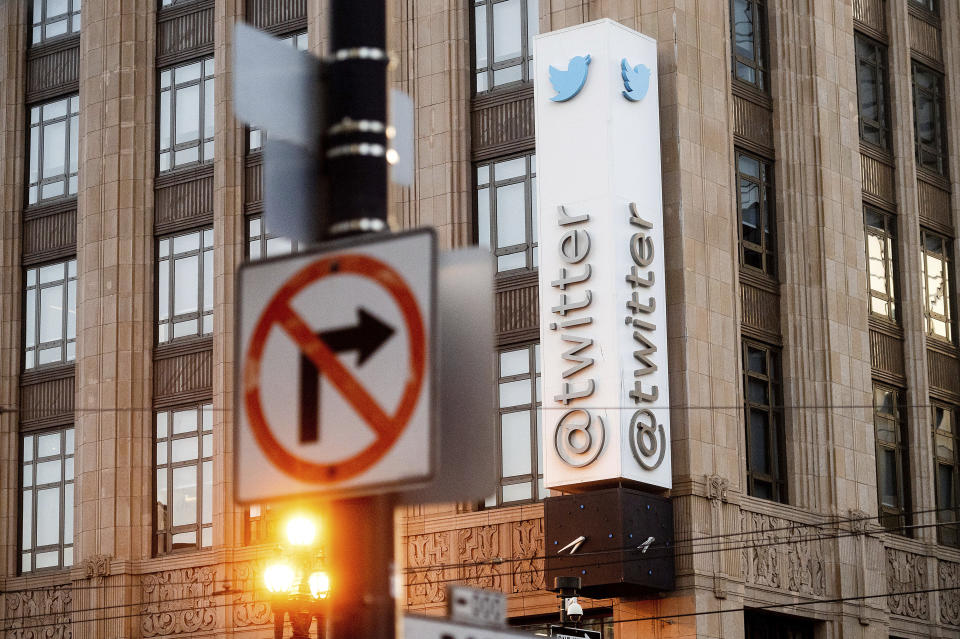 A sign hangs at Twitter headquarters on Monday, Jan. 11, 2021, in San Francisco. (AP Photo/Noah Berger)