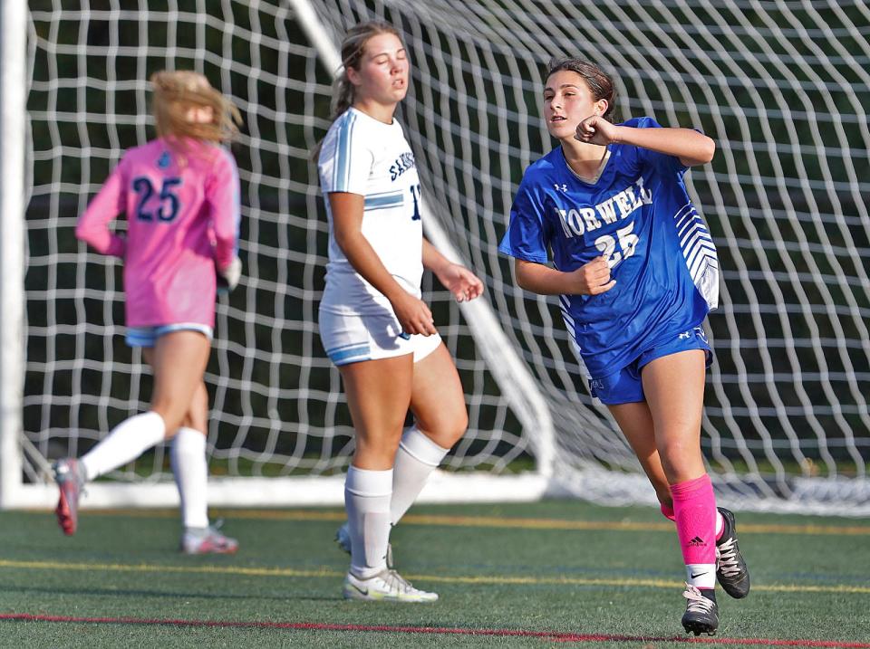 Nowell #25 Allyson Kelley starts to celebrate a first half goal.

Norwells girls soccer hosts Sandwich High on
Monday, Oct. 16, 2023