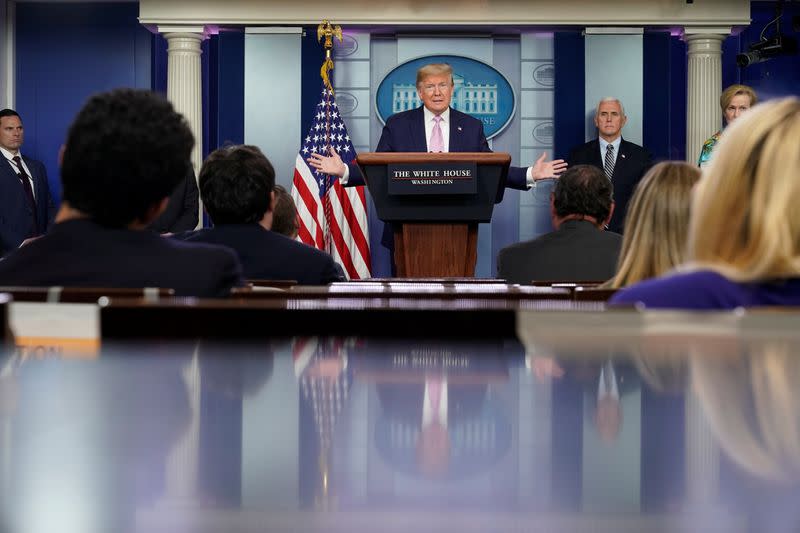 U.S. President Trump leads the daily coronavirus response briefing at the White House in Washington