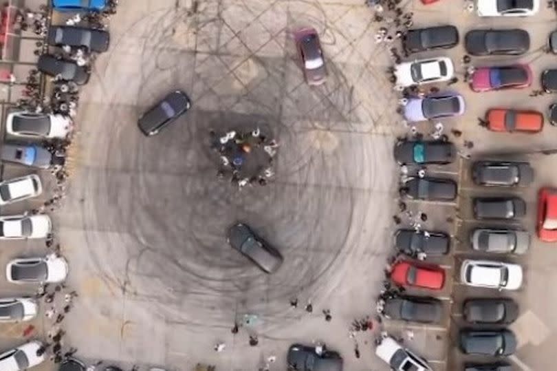 These dramatic photos show the aftermath of an illegal car meet which damaged a car park with tyre marks in Tilbury