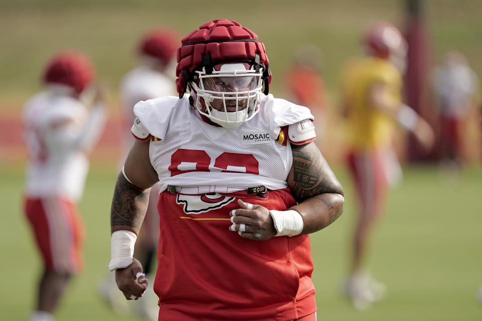 Kansas City Chiefs defensive tackle Danny Shelton runs during NFL football training camp Monday, Aug. 15, 2022, in St. Joseph, Mo. (AP Photo/Charlie Riedel)