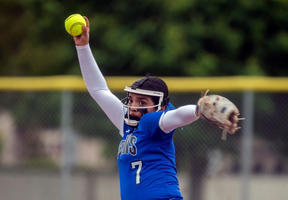 Bear Creek's Natalie Trujillo delivers a pitch during a varsity softball game against Stagg at Bear Creek in Stockton on Wednesday, May 3, 2023. Bear Creek won 14-4.