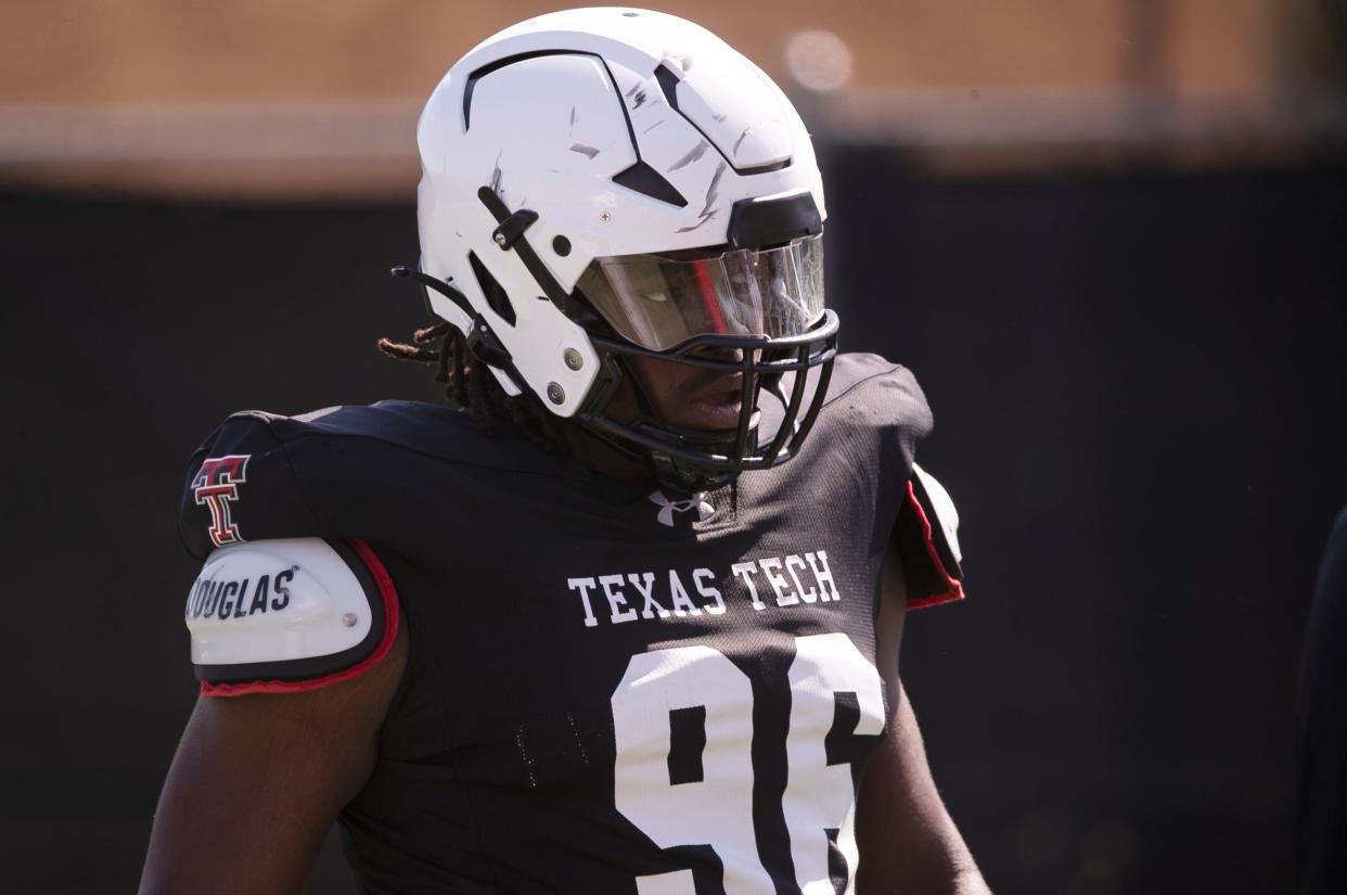 Texas Tech defensive end Amier Washington (96) was recruited to play defensive tackle and trained at that spot last season until the Red Raiders moved him to an edge position the week of the regular-season finale at Texas. The 6-foot-2, 265-pound graduate of Little Cypress-Mauriceville will be a redshirt freshman next season.