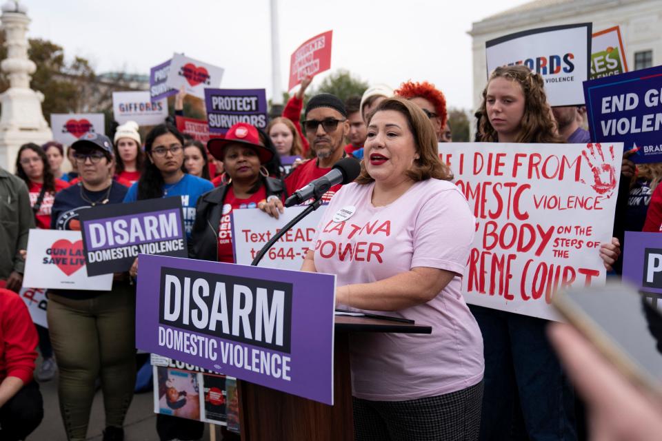 Vanessa Gonzalez, Vice President of Government and Political Affairs at GIFFORDS, delivers remarks as the Supreme Court considers legality of domestic-violence gun curbs at the Supreme Court in Washington, D.C., on Nov. 7, 2023.