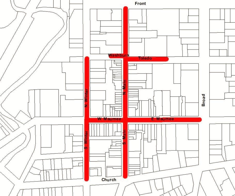 This map supplied by the city of Adrian details street closures (highlighted in red) throughout downtown Adrian during Friday's Back to the Bricks promotional car tou. Streets that are slated for closures at 1 p.m. Friday include South Main Street, from East Church to East Front streets; West Maumee Street, from North Broad to North Winter streets; South Winter Street, from East Church to Washburn streets; half-block closure of Washburn Street; and half-block closure of Toledo Street.
