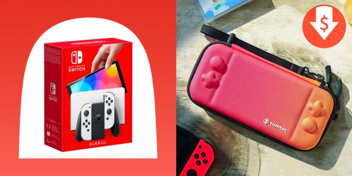 nintendo switch oled model with white joy cons, twisted orange switch case for nintendo switch, and more switch black friday deals