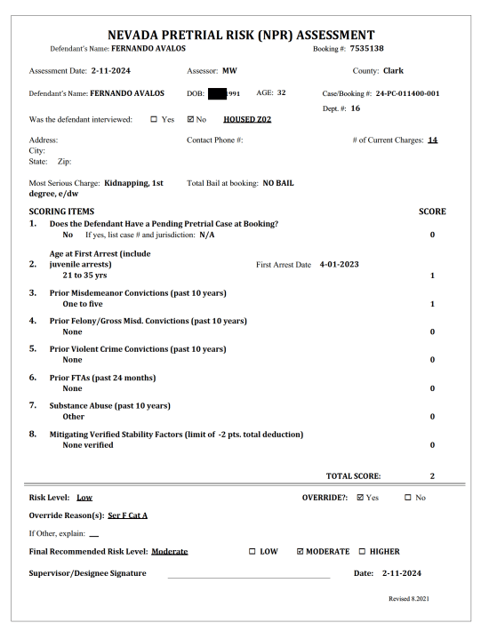 <em>Avalos’ pretrial risk assessment, a form Nevada courts utilize to guide judges in their bail-setting decision, deemed him a “low risk,” though records show a supervisor overrode the score to “moderate” due to his pending charges. (KLAS)</em>