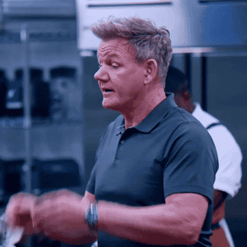 gordon ramsay crying saying "oh my goodness, me" in a kitchen