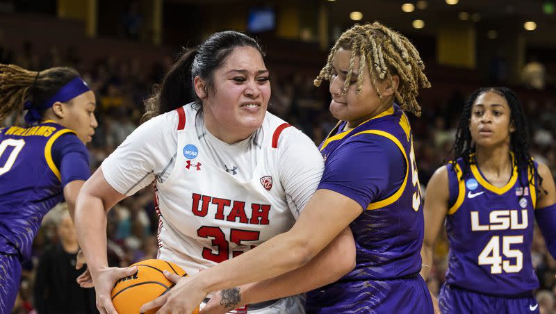 Utah’s Alissa Pili (35) fights for control of the basketball with LSU’s Kateri Poole (55) during the first half of a Sweet 16 college basketball game of the women’s NCAA Tournament in Greenville, S.C., Friday, March 24, 2023.