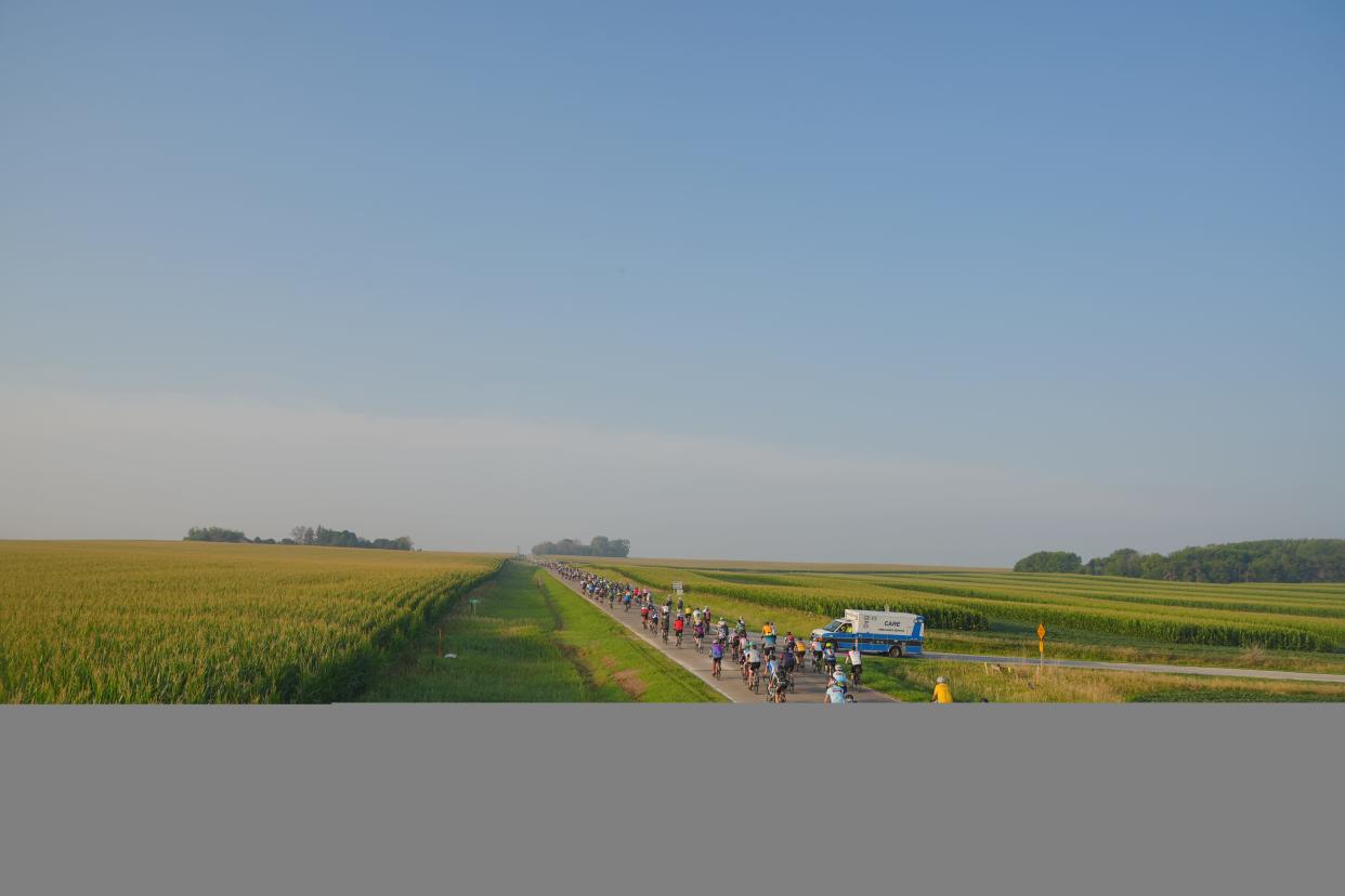 Riders roll out of Storm Lake on RAGBRAI 50 on Monday, July 24, 2023.