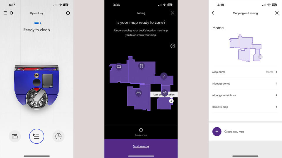 Screenshots of the MyDyson app for the Dyson 360 Vis Nav