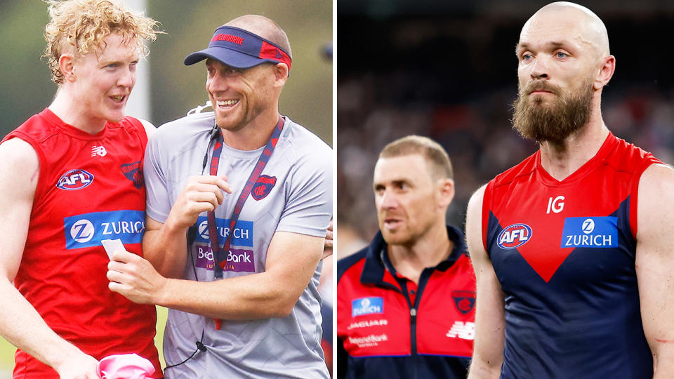 Clayton Oliver, pictured here alongside Melbourne Demons coach Simon Goodwin and captain Max Gawn.