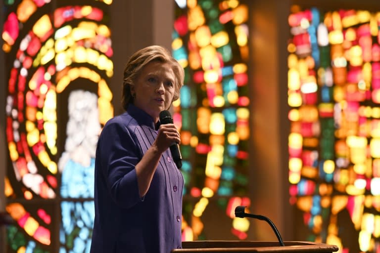 US Democratic presidential nominee Hillary Clinton speaks during a prayer service at the New Mount Olive Baptist Church in Fort Lauderdale, Florida, on October 30, 2016