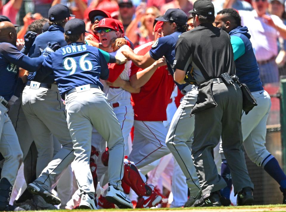 The Los Angeles Angels and Seattle Mariners cleared the benched during a brawl in the second inning at Angel Stadium.